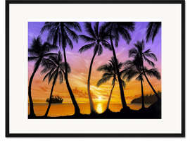 Gerahmter Kunstdruck Palmenstrand bei Sonnenuntergang