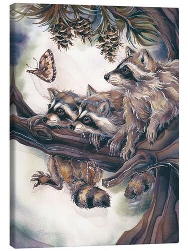 Canvas print Raccoons and butterfly
