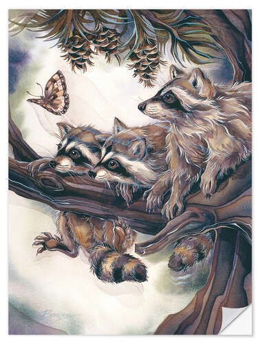 Naklejka na ścianę Raccoons and butterfly