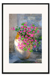 Gerahmter Kunstdruck Blüten in irdenem Gefäß
