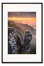 Gerahmter Kunstdruck Sonnenaufgang in der Sächsischen Schweiz beim Höllenhund