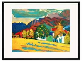 Gerahmter Kunstdruck Häusergruppe vor Gebirge