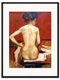 Gerahmter Kunstdruck Sitzender Rückenakt vor rotem Hintergrund