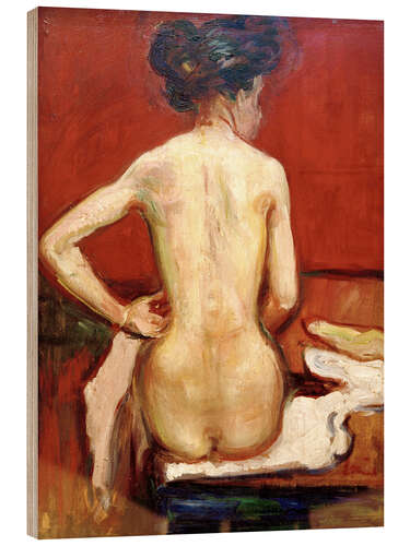 Quadro de madeira Back View of Sitting Female Nude with Red Background