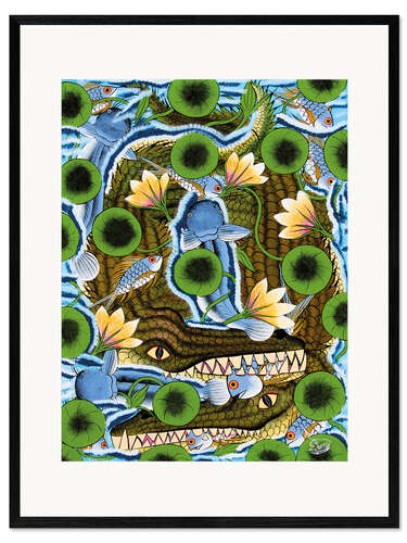 Inramat konsttryck Crocodiles in water lilies