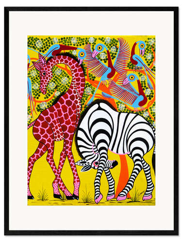 Ingelijste kunstdruk Zebra with Giraffe in the bush