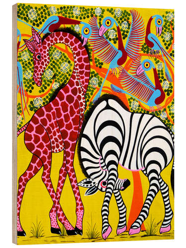 Wood print Zebra with Giraffe in the bush