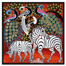 Gerahmter Kunstdruck Zebras mit Pfauen