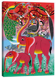 Canvas print Red Elephant with peacock