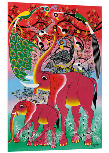 Print på skumplade Red Elephant with peacock