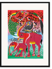 Gerahmter Kunstdruck Rote Elefanten mit Pfauen