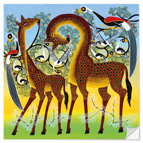 Vinilo para la pared Giraffes at the bird tree
