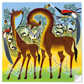 Vinilo para la pared Giraffes at the bird tree