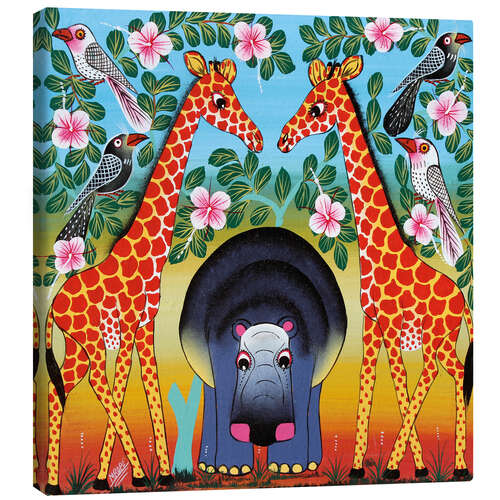 Stampa su tela Hippo between giraffes