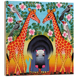 Tableau en bois Hippopotame entre deux girafes - Mrope