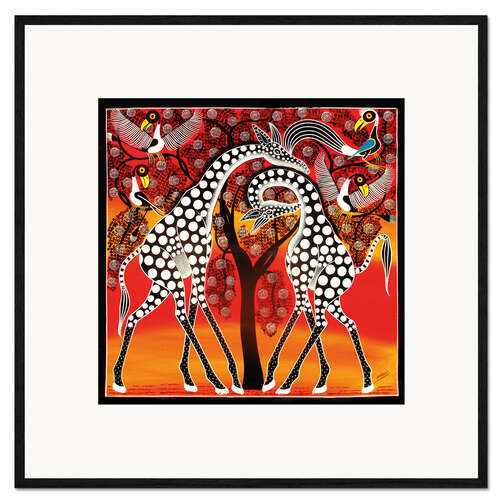 Framed art print Giraffes cuddle under a tree