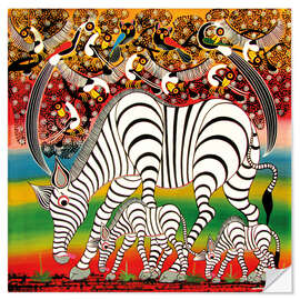 Selvklebende plakat Zebra herd flock of birds