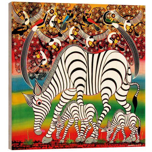 Wood print Zebra herd flock of birds