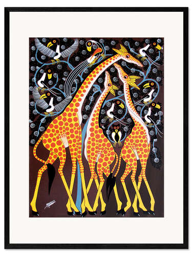 Kunsttryk i ramme Giraffe family under the tree