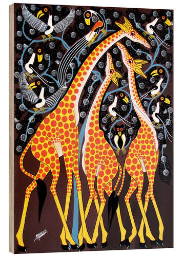 Wood print Giraffe family under the tree
