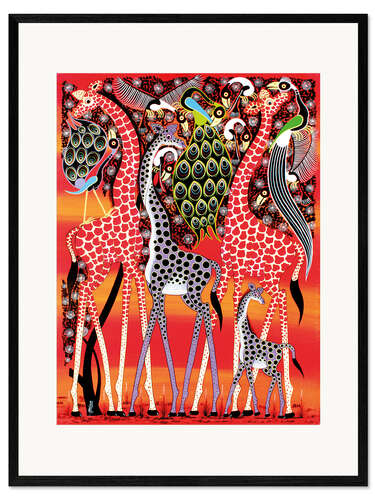 Ingelijste kunstdruk Giraffe family at dusk