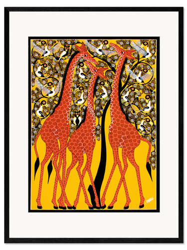 Impressão artística com moldura Giraffe Trio under the tree