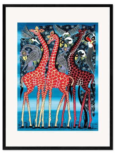 Ingelijste kunstdruk Giraffes at night