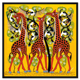 Gerahmter Kunstdruck Giraffentrio und Vogelschar