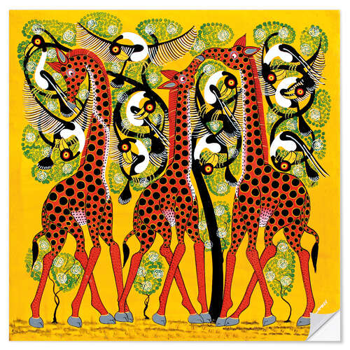 Selvklebende plakat Giraffe Trio and flock of birds