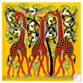 Muursticker Giraffe Trio and flock of birds