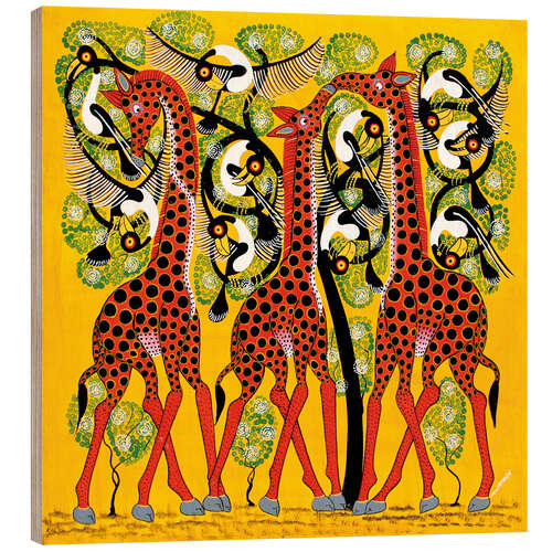 Wood print Giraffe Trio and flock of birds