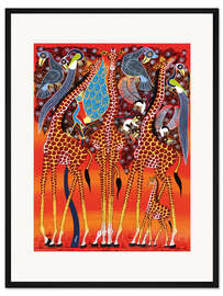 Gerahmter Kunstdruck Giraffen mit Pfauen