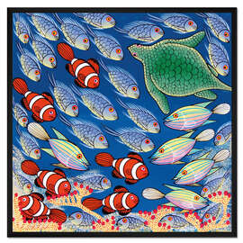 Gerahmter Kunstdruck Fischschwarm mit Schildkröte