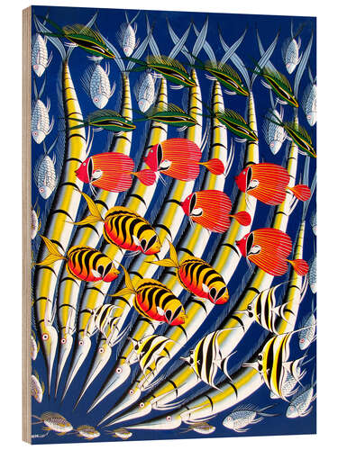 Wood print Brightly colored fish school