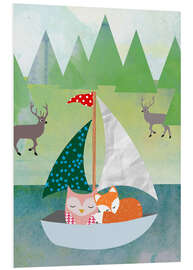 Quadro em PVC Cute Owl and Fox Boat