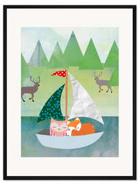 Gerahmter Kunstdruck Süße Eule und Fuchs im Boot