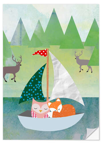 Vinilo para la pared Cute Owl and Fox Boat