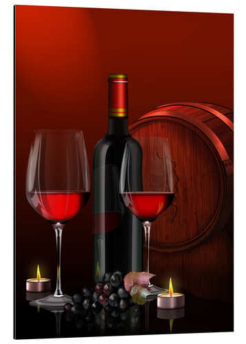 Alumiinitaulu Two wine glasses with red wine bottle and grapes