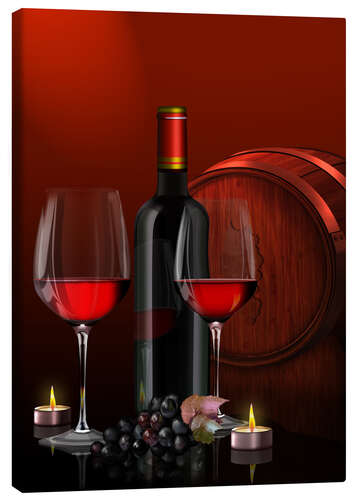 Quadro em tela Two wine glasses with red wine bottle and grapes