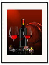 Gerahmter Kunstdruck Zwei Rotweingläser mit Rotweinflasche, Weintrauben