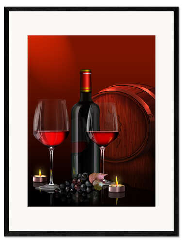 Impresión de arte enmarcada Two wine glasses with red wine bottle and grapes