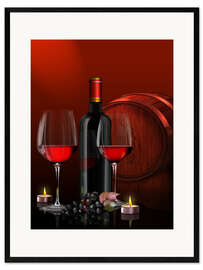 Impresión de arte enmarcada Two wine glasses with red wine bottle and grapes