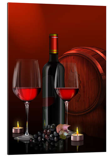 Gallery print Two wine glasses with red wine bottle and grapes