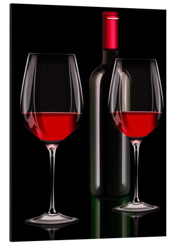 Stampa su alluminio Red wine, red wine bottle with two glasses of red wine