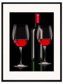 Gerahmter Kunstdruck Rotwein, Rotweinflasche mit zwei Rotweingläser