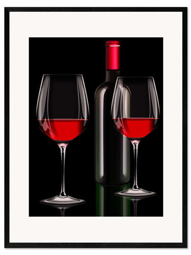 Kehystetty taidepainatus Red wine, red wine bottle with two glasses of red wine