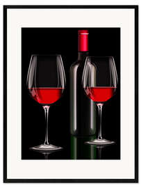 Gerahmter Kunstdruck Rotwein, Rotweinflasche mit zwei Rotweingläser