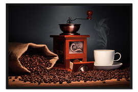 Gerahmter Kunstdruck Kaffee Mühle mit Bohnen und Tasse