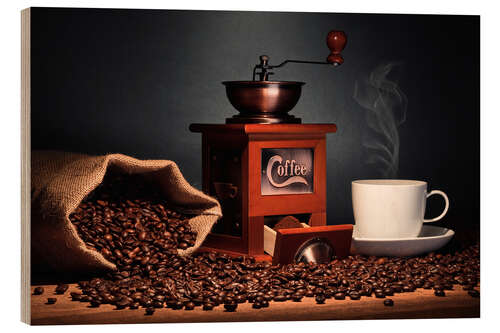 Wood print Coffee grinder with beans and coffee cup