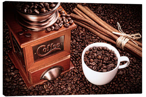 Canvas-taulu Coffee beans with grinder, cinnamon and cup